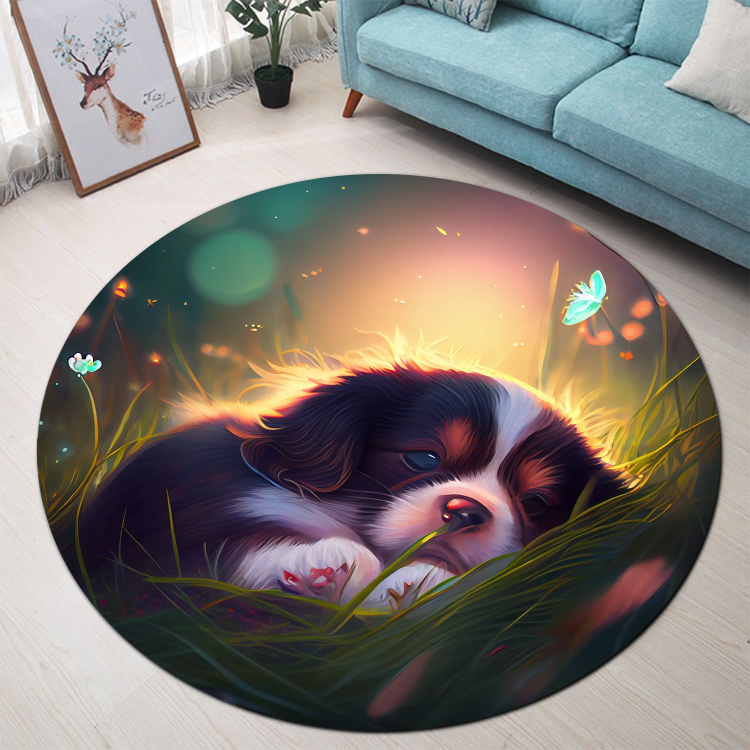 Cute Puppy Rug for Bedroom Living Room, 5 Round Carpet Home Decor
