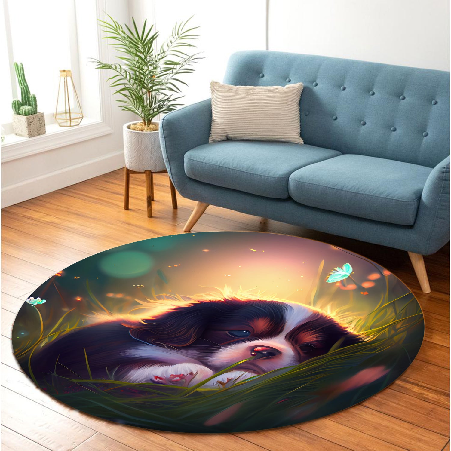 Cute Puppy Rug for Bedroom Living Room, 5 Round Carpet Home Decor