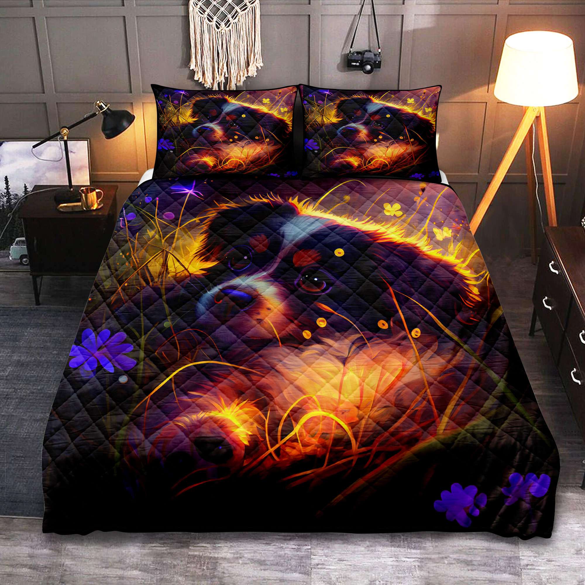 Cute Puppy Quilt Bed Set with Grass Design for Pets