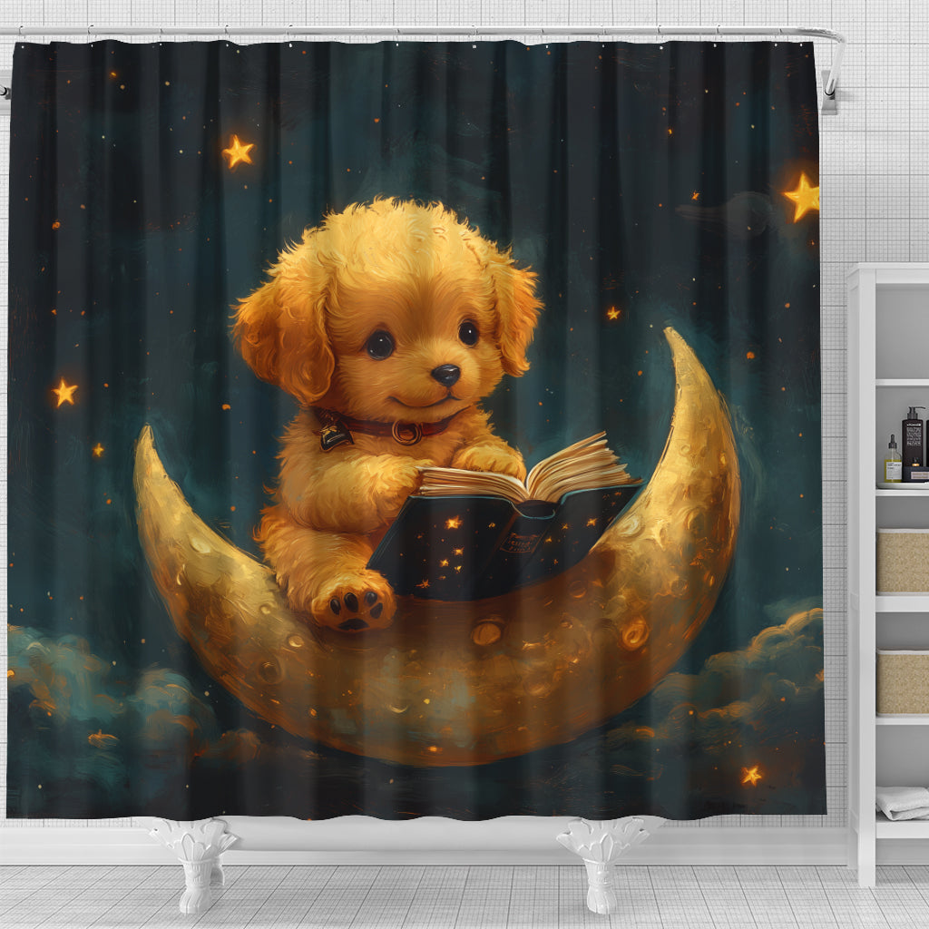 Puppy Shower Curtain - Cute Design with Dog On Crescent Moon