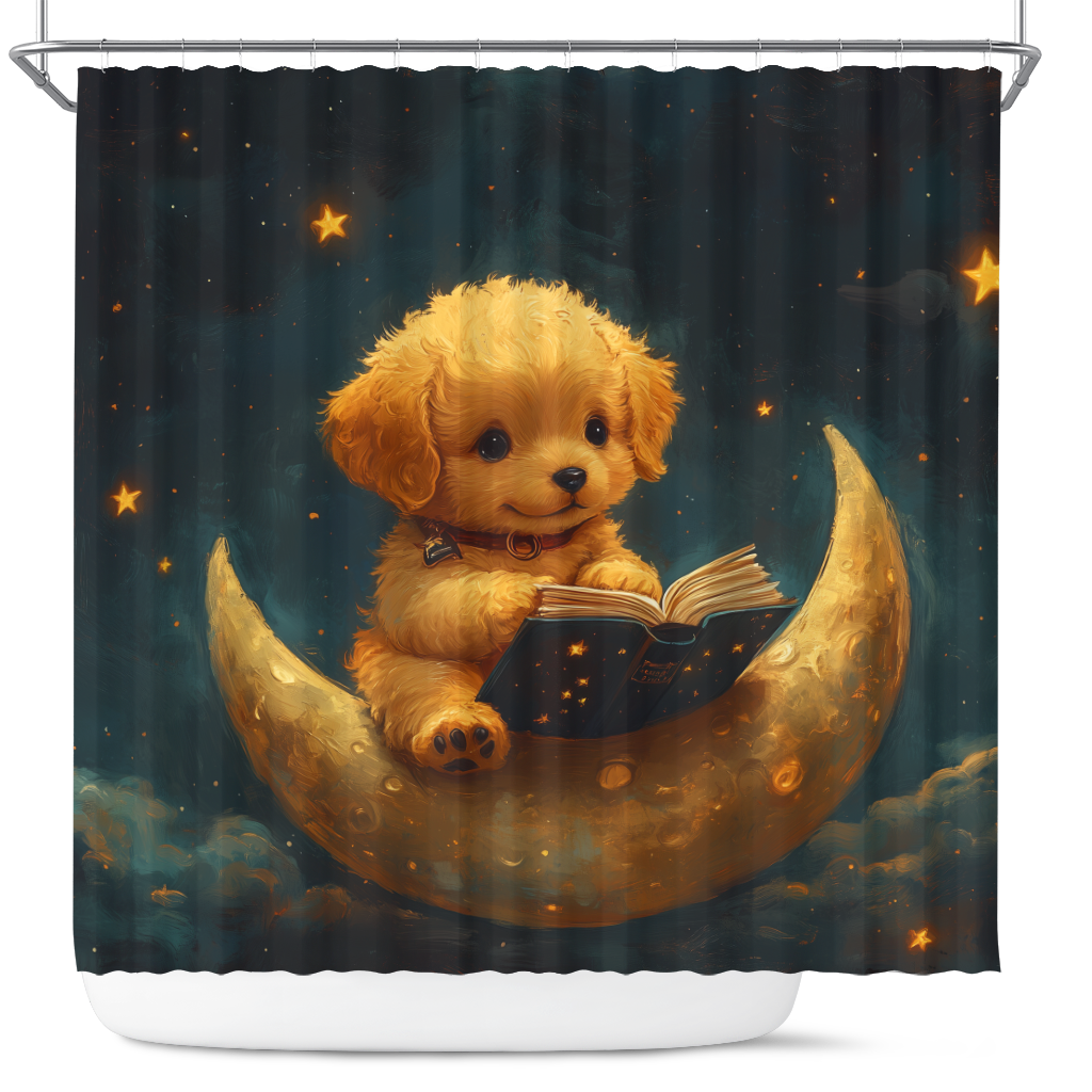 Puppy Shower Curtain - Cute Design with Dog On Crescent Moon