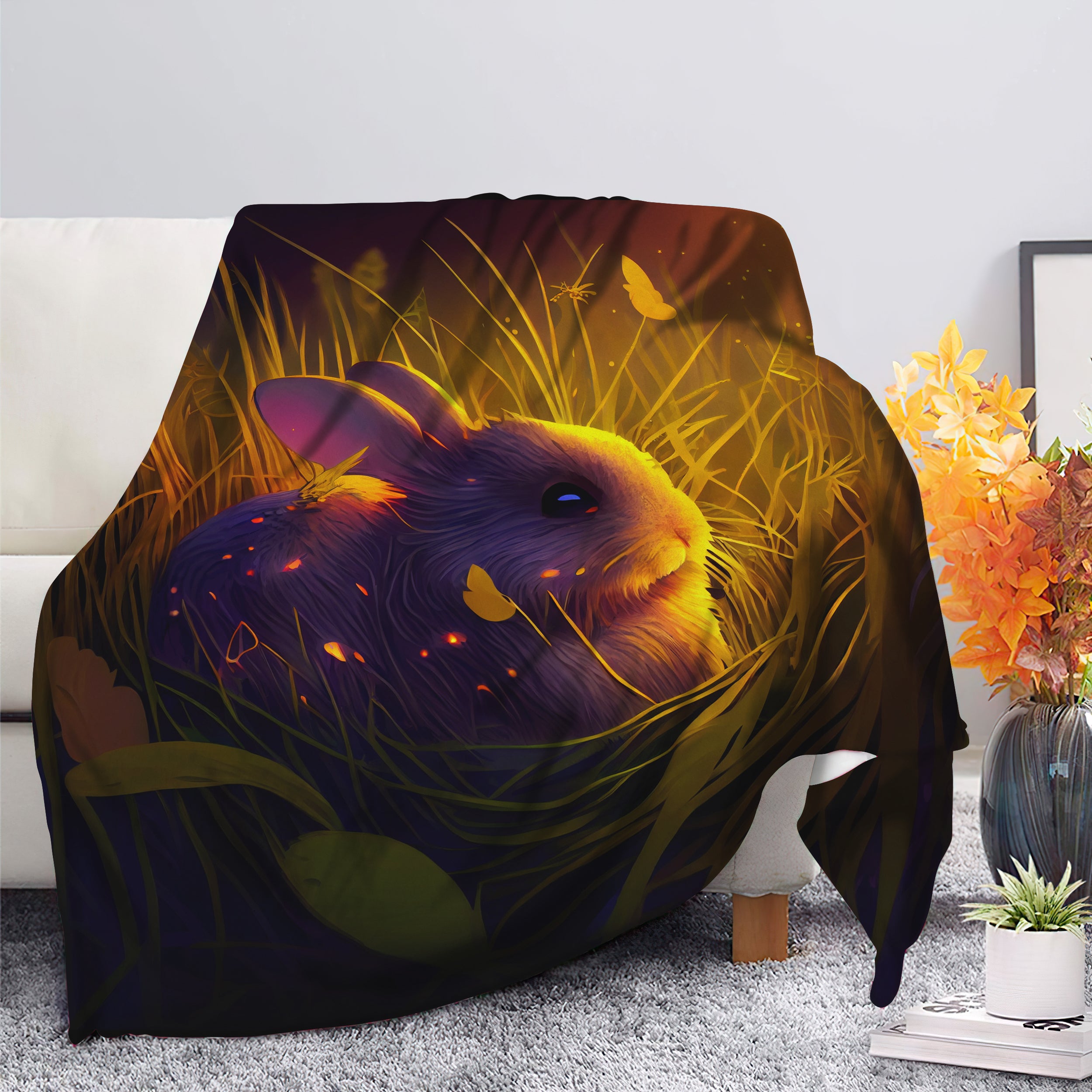 Cozy Cute Rabbit Blanket with Fireflies in Moonlight - Premium Quality
