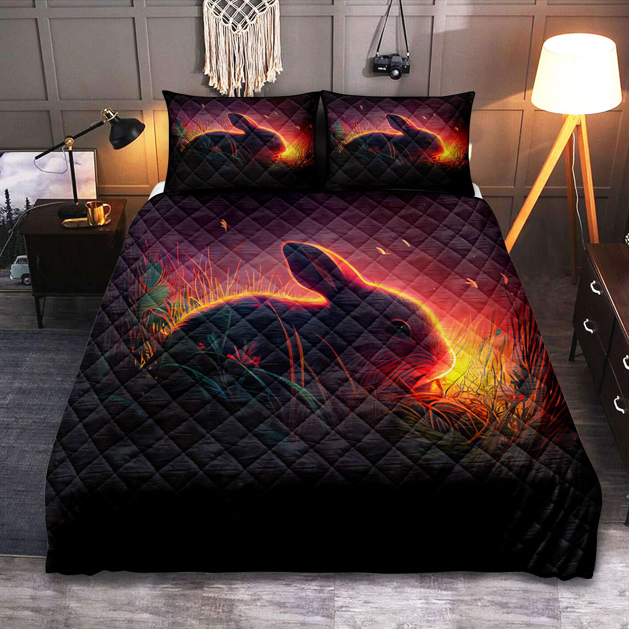 Cute Rabbit Quilt Bed Set - Cozy Bedded Down in Grass Design