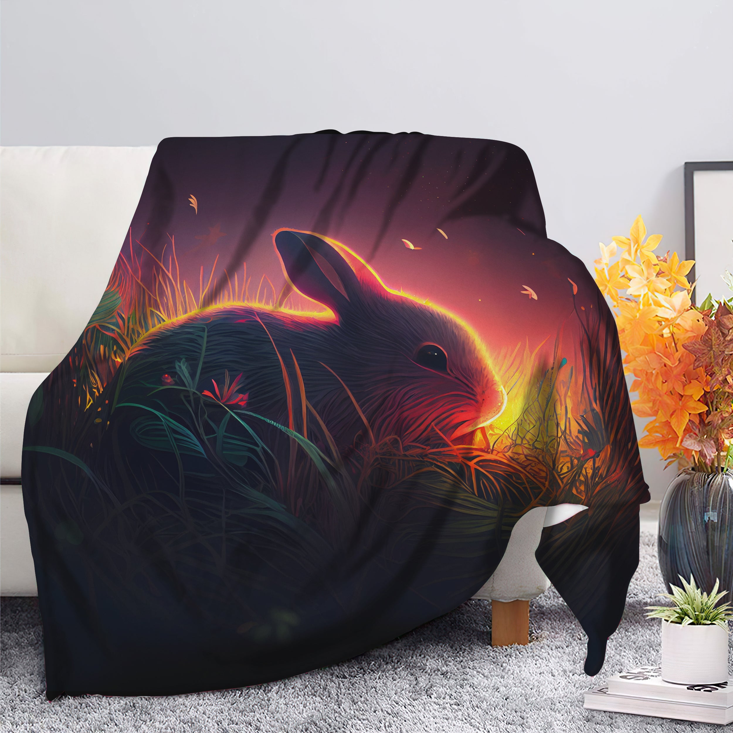 Cozy Fireflies Moonlight Blanket with Cute Rabbit Design in Grass