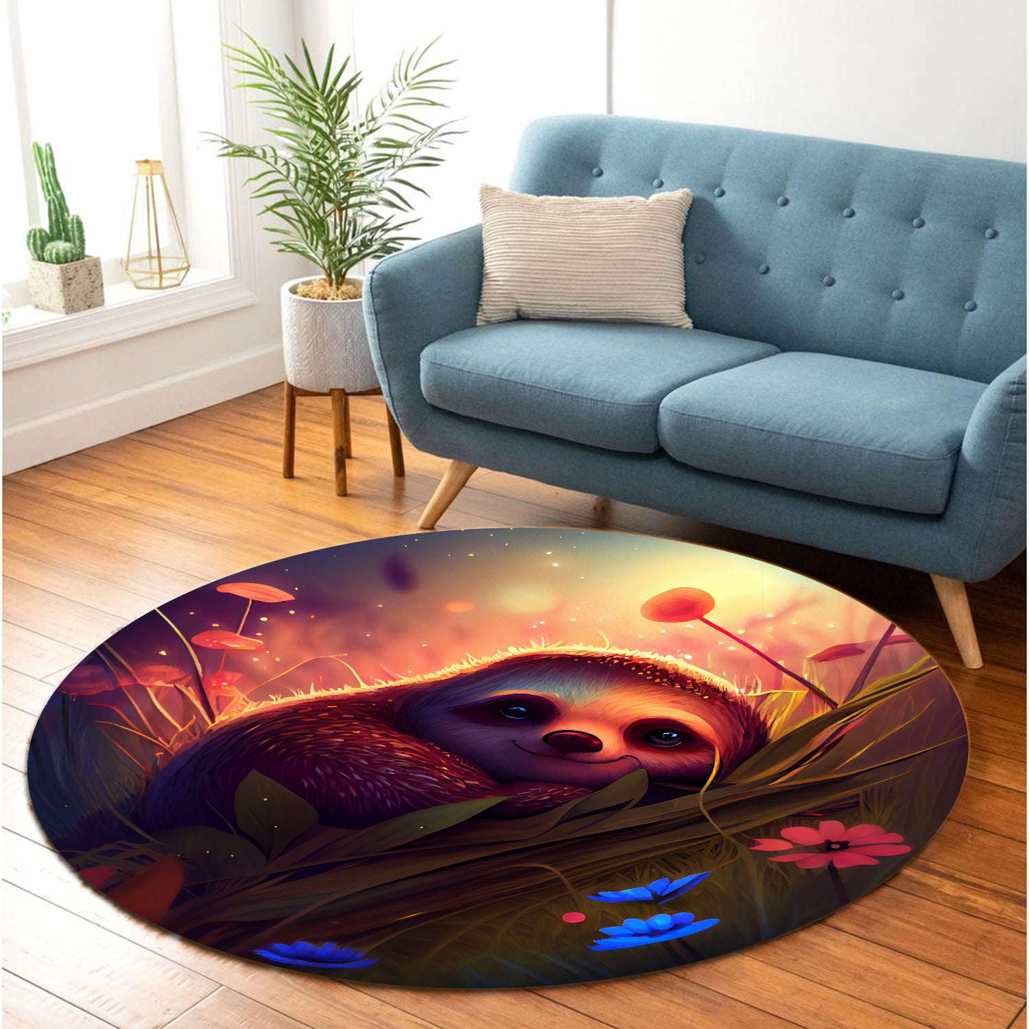 Cute Sloth Rug for Bedroom Living Room Home Decor Round Carpet