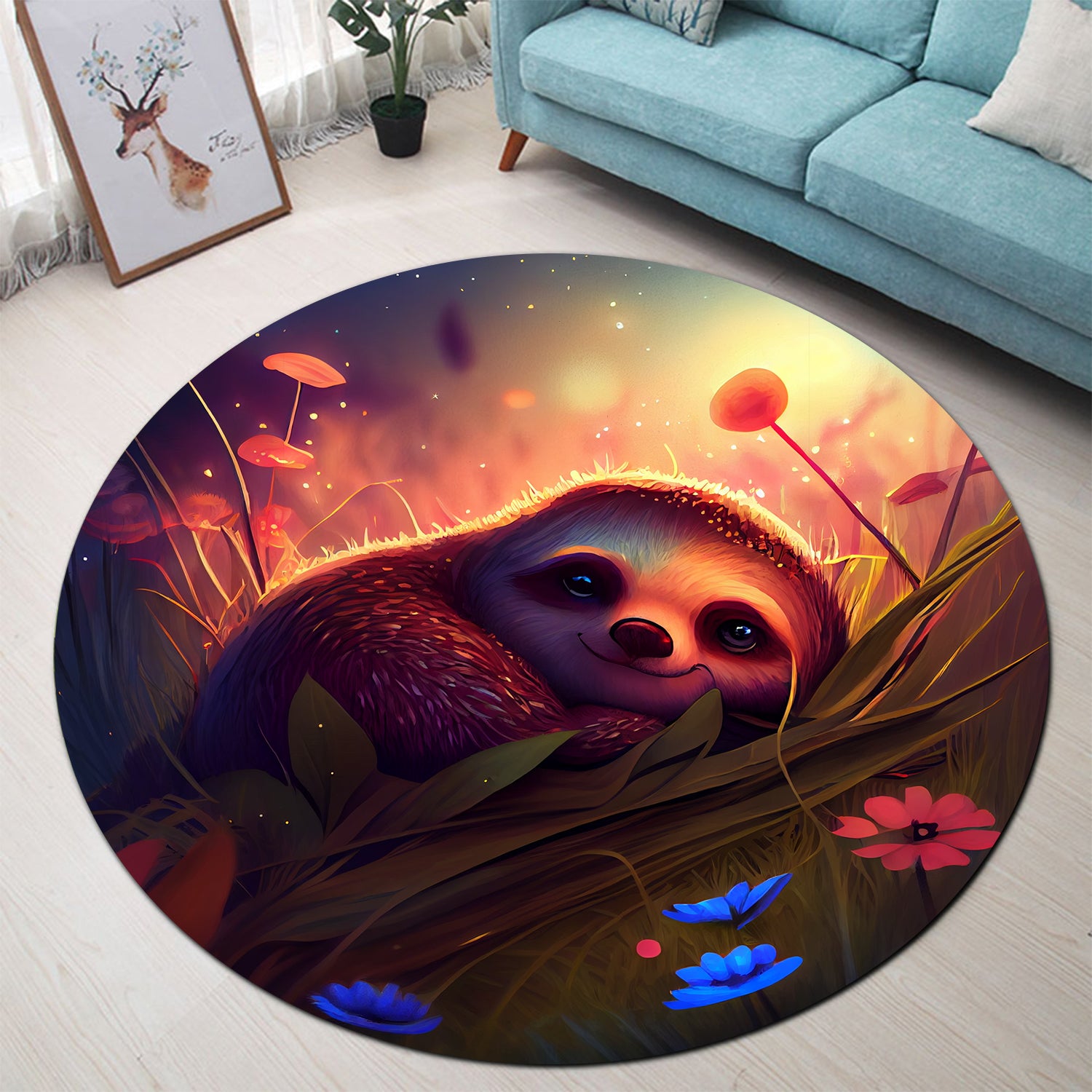 Cute Sloth Rug for Bedroom Living Room Home Decor Round Carpet