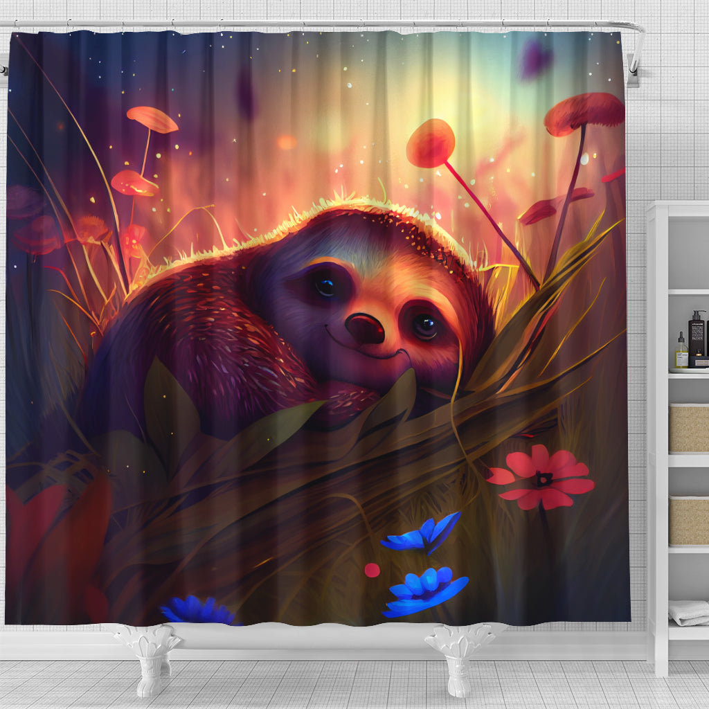 Cute Sloth Shower Curtain for Bathroom Decor, Bedded Down in Grass