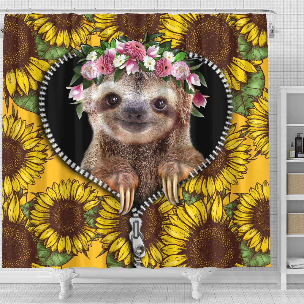 Sunflower Cute Sloth Design Zipper Shower Curtain Cute