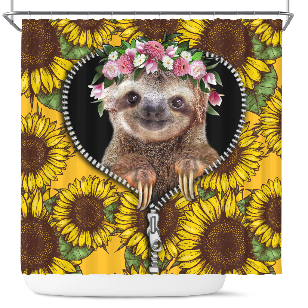 Sunflower Cute Sloth Design Zipper Shower Curtain Cute