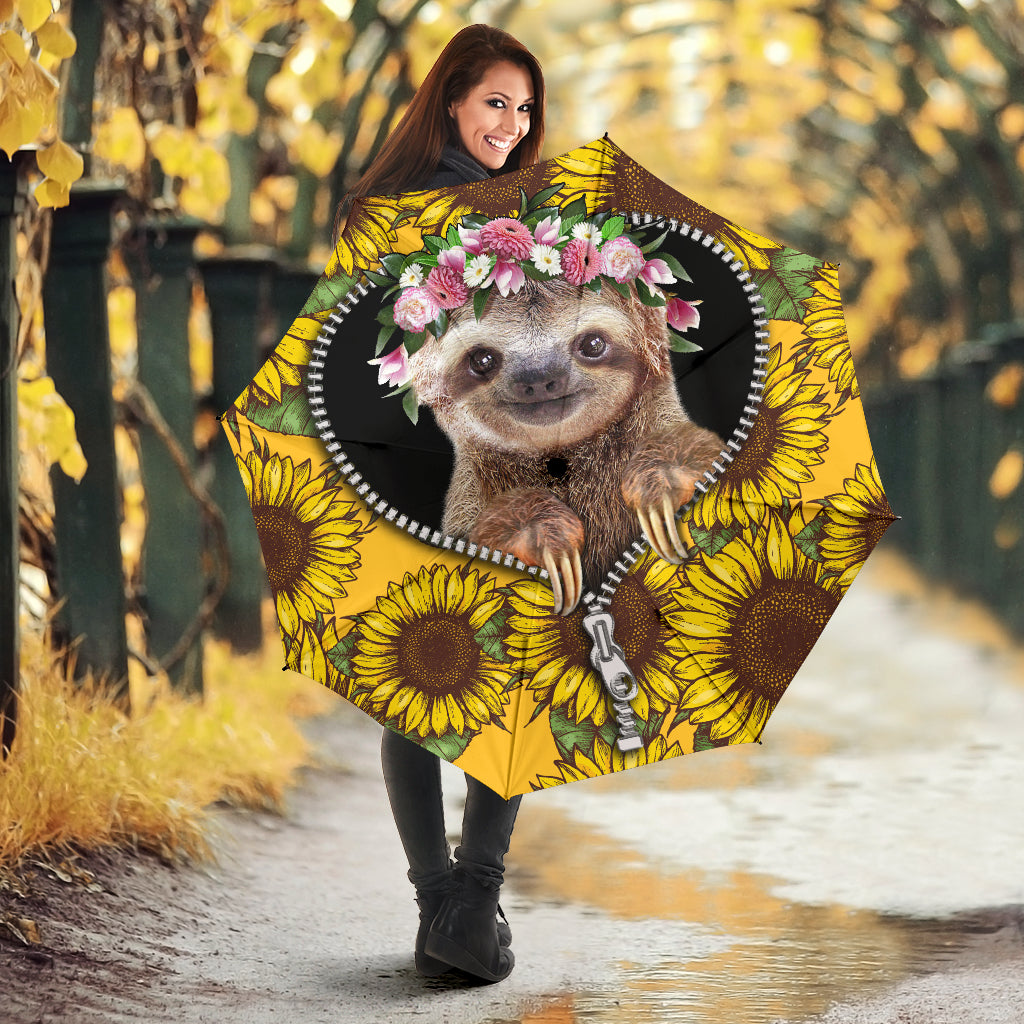 Cute Sloth Umbrella with Sunflower Design - Zipper Closure