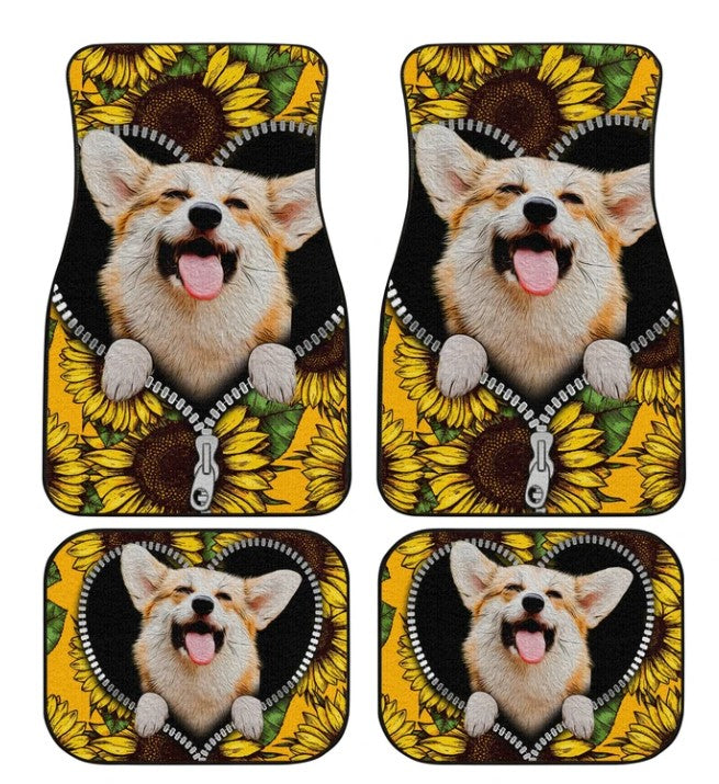 Custom Cute Sunflower Corgi Car Floor Mats for Corgi Owners