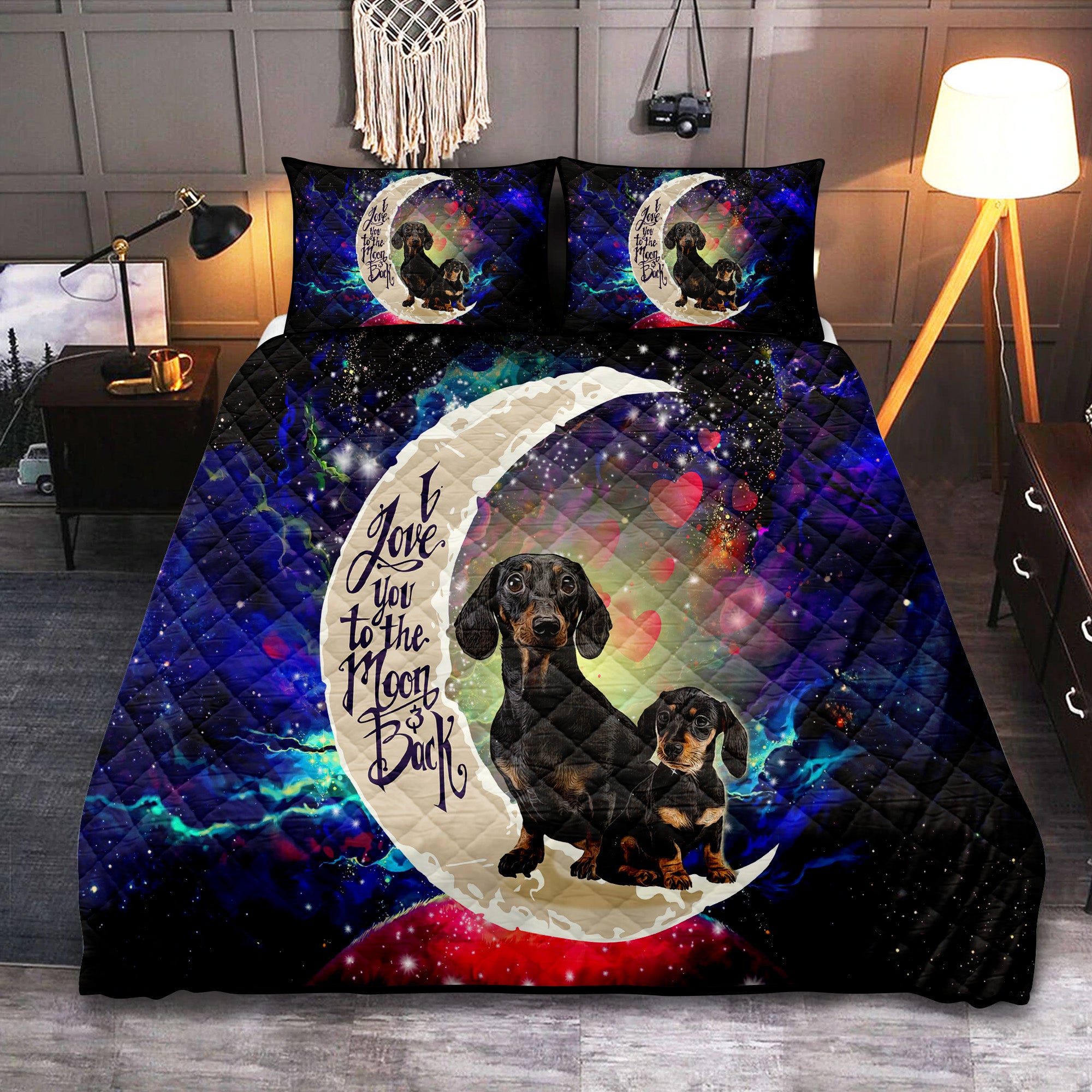 Dachshund Love You To The Moon Galaxy Quilts Bed Set
