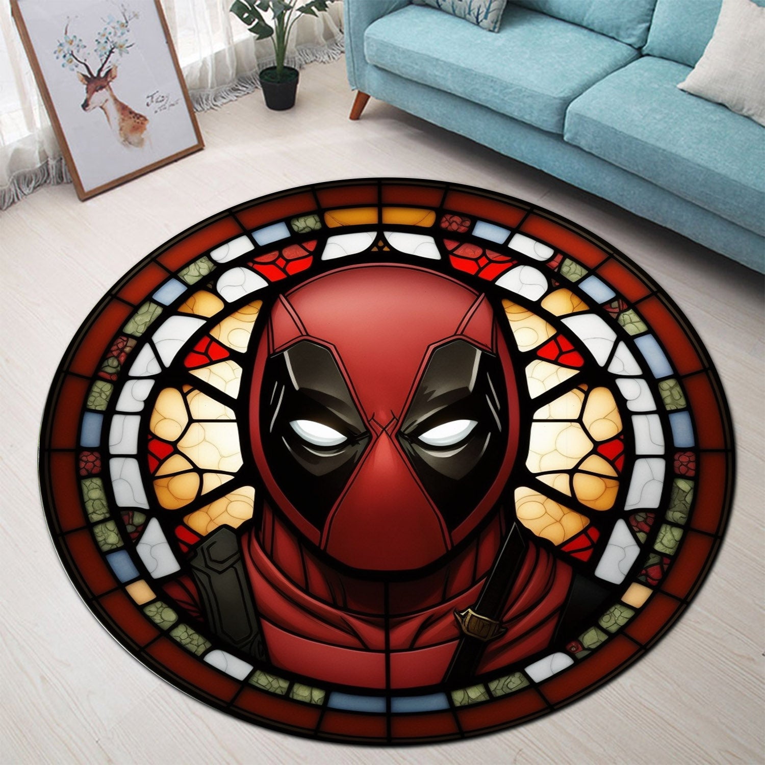 Deadpool Stained Glass Round Rug for Bedroom Living Room Decor