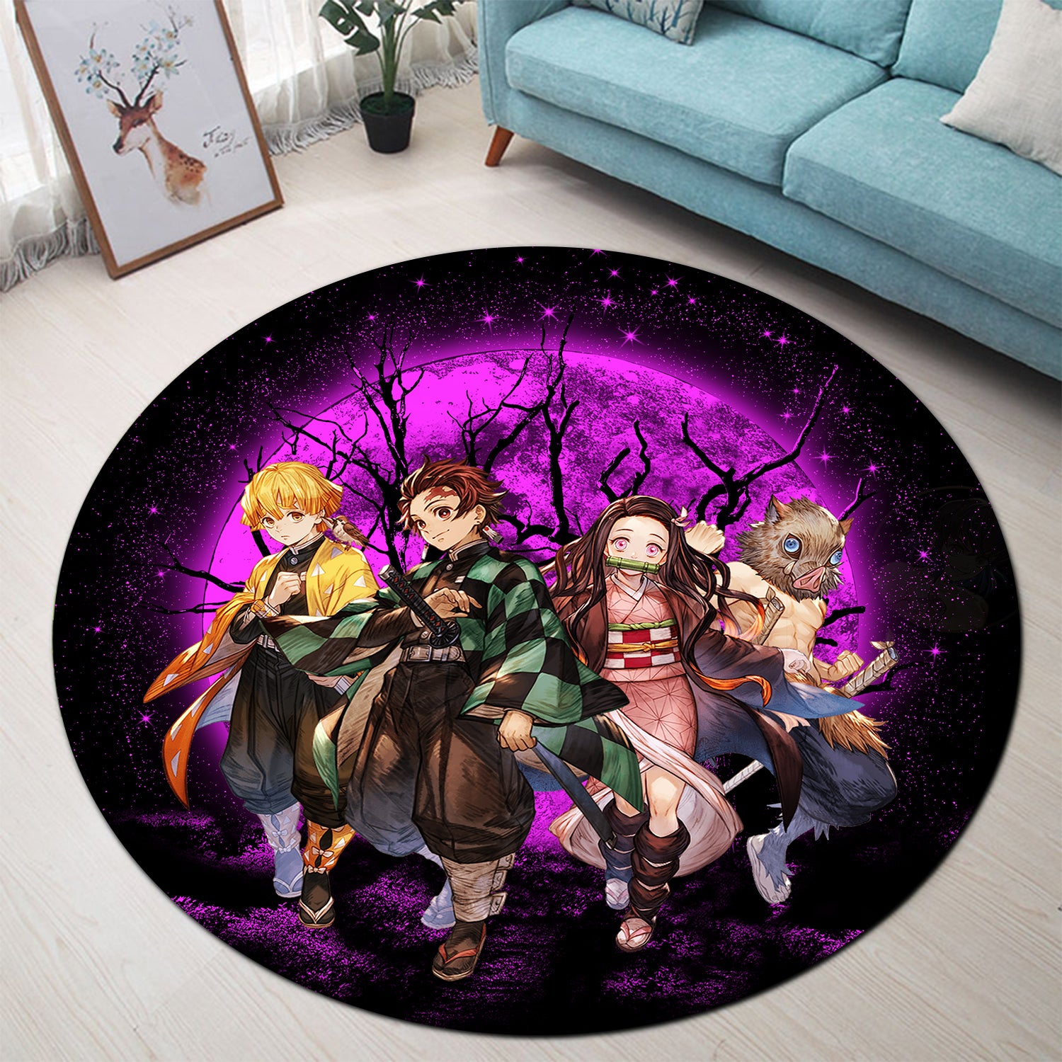 Demon Slayer Pink Moonlight Round Rug for Bedroom Living Room Decor
