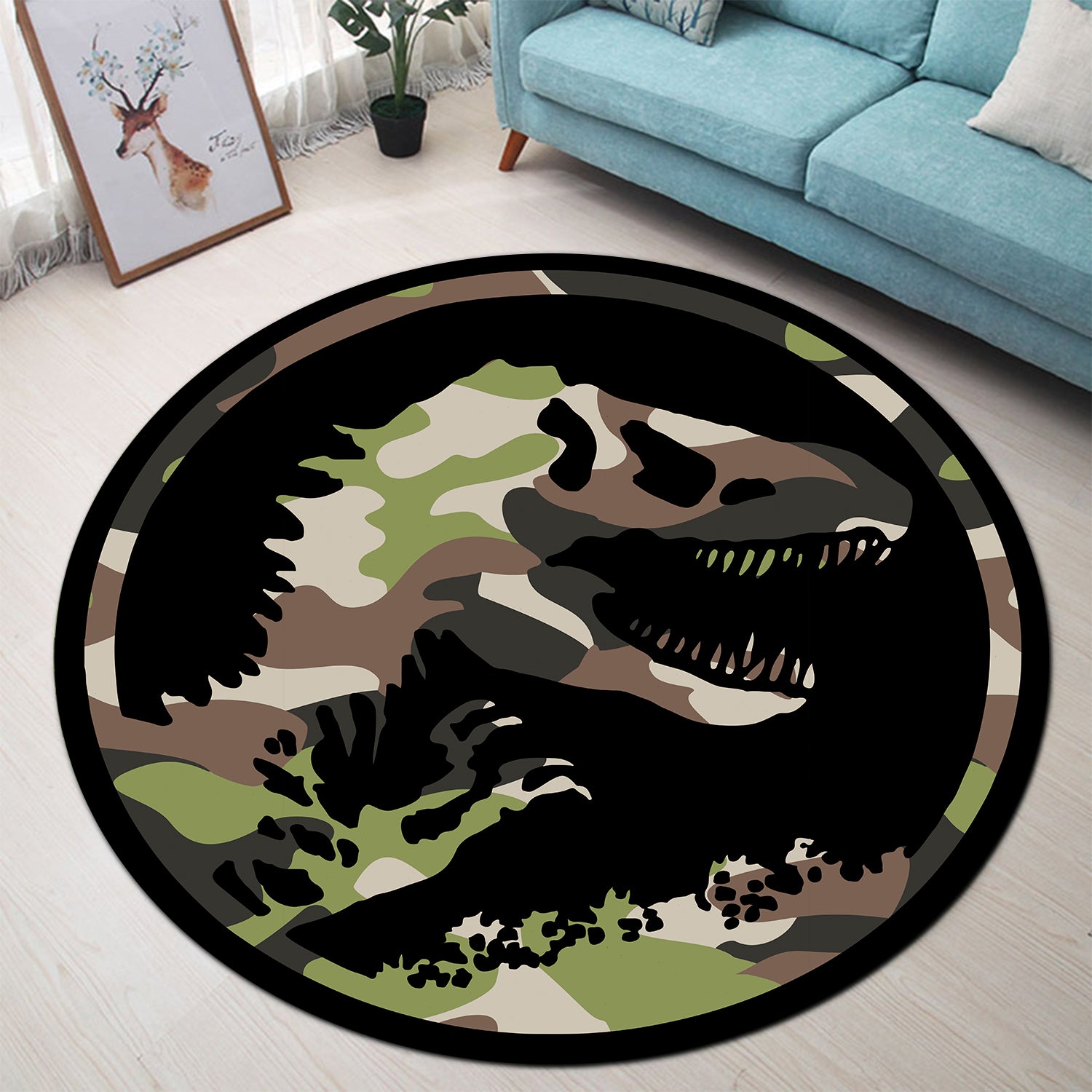 Dinosaur T-Rex Camo Area Rug for Bedroom and Living Room Decor