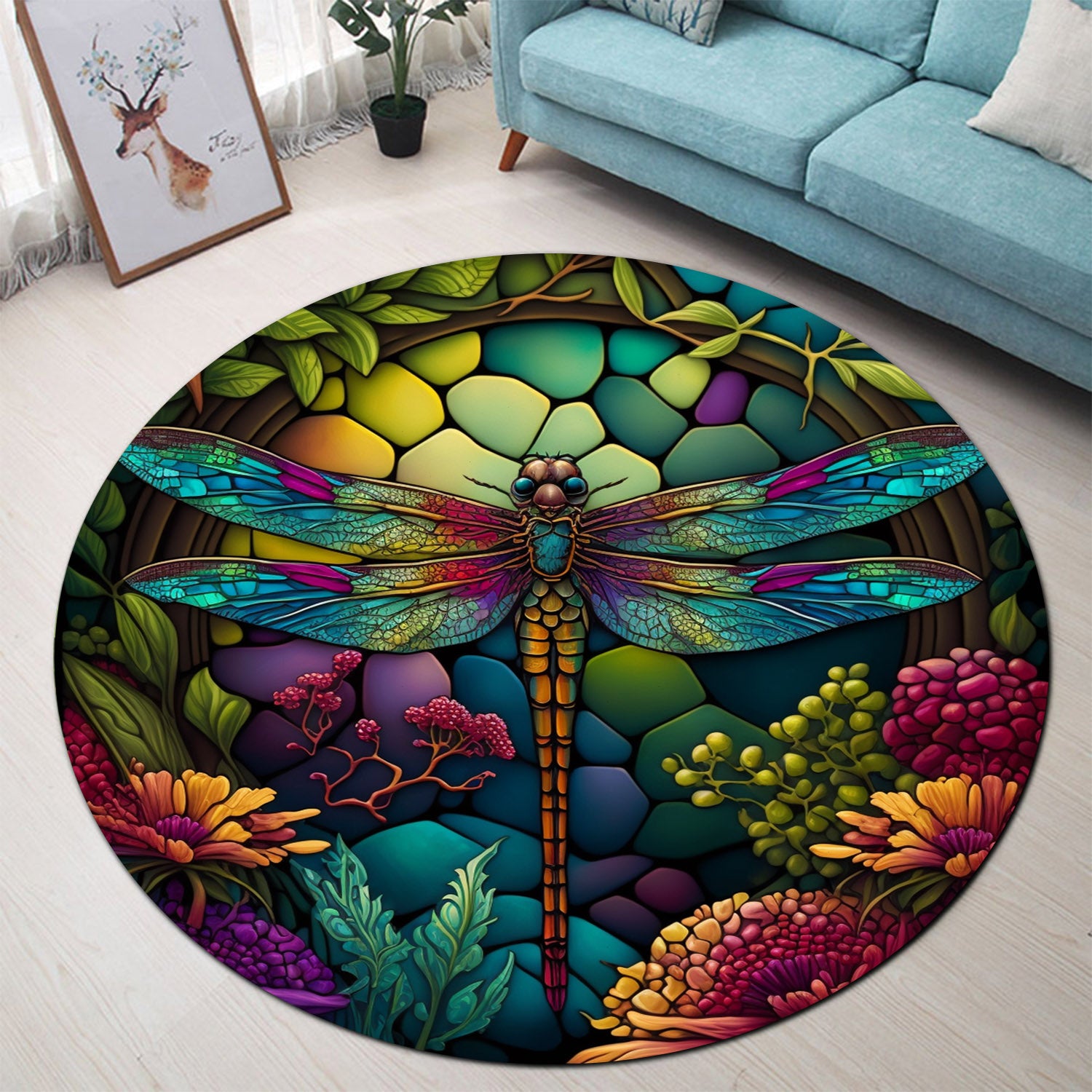 Dragonfly Stained Glass Rug for Bedroom Living Room Home Decor