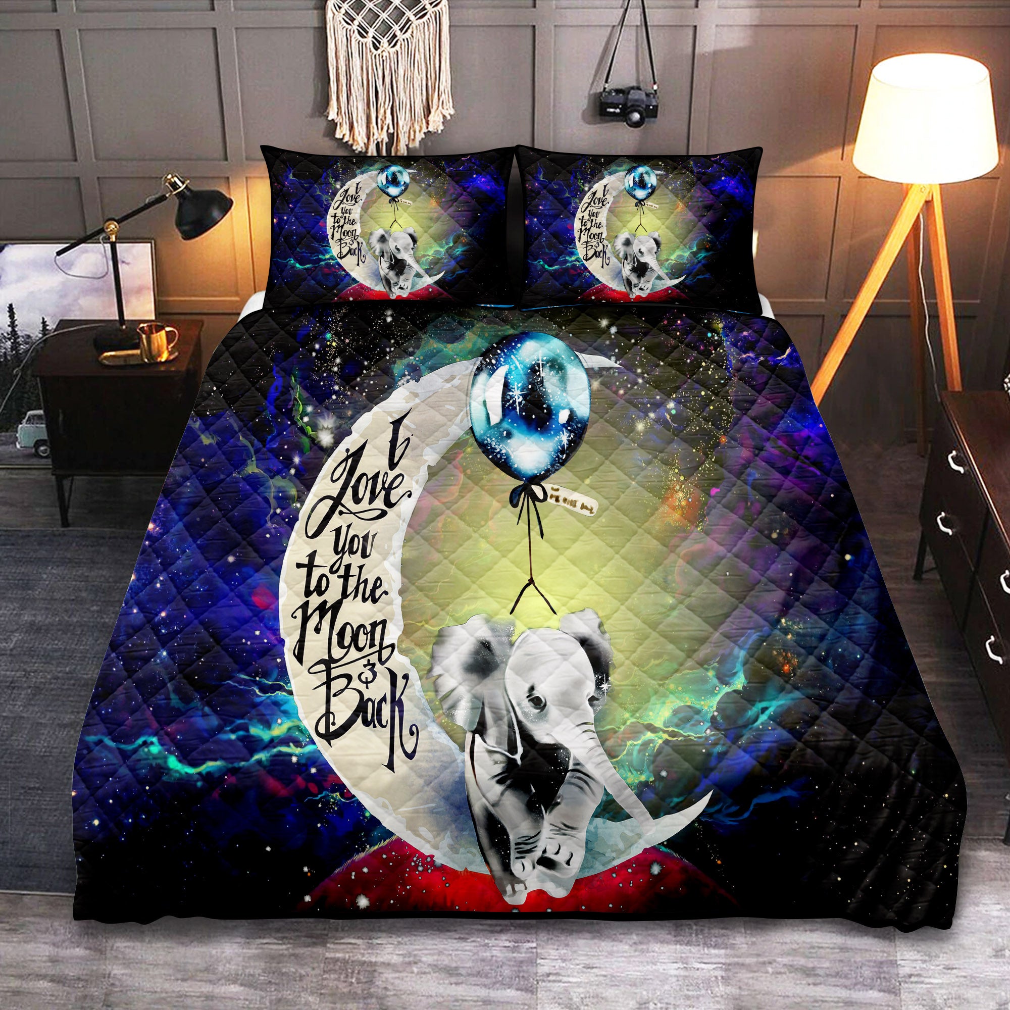 Elephant Love You To The Moon Galaxy Bed Quilt Set