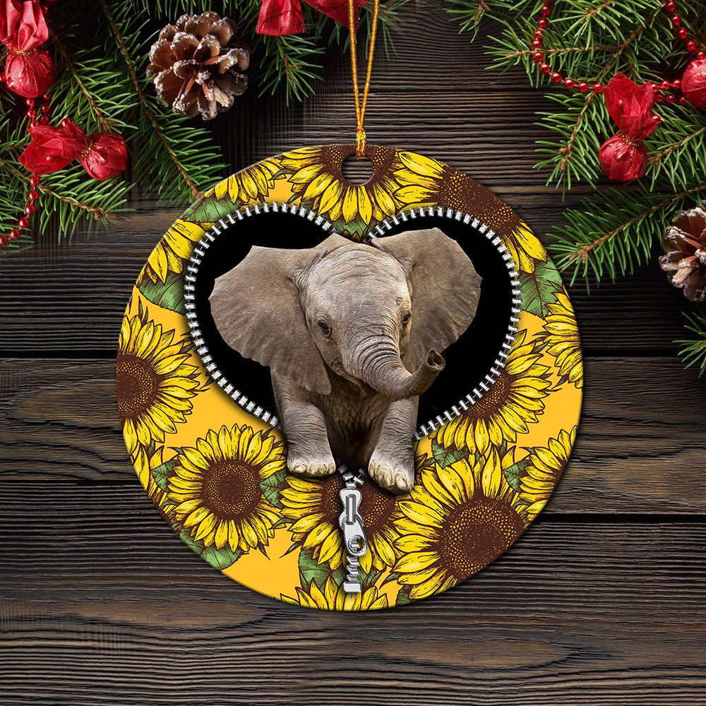 Elephant Sunflower Holiday Ornament - Zipper  Circle Gift