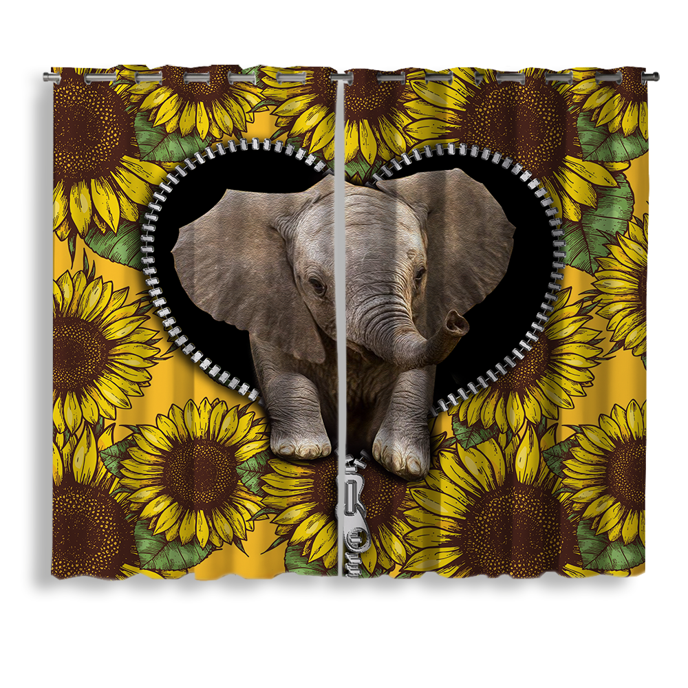 Elephant Sunflower Patterned Zipper Window Curtain for Home Decor