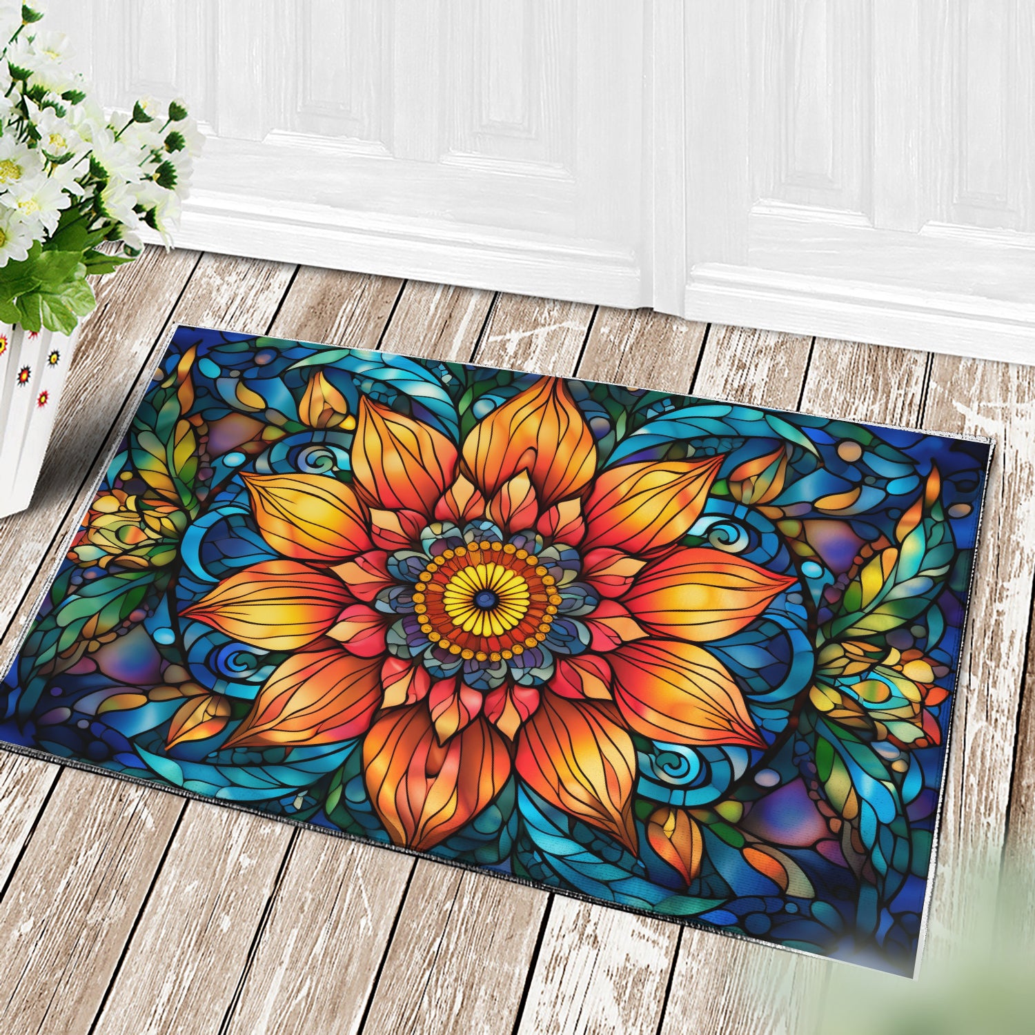 Stained Glass Flower Doormat for Home Decor and Entryway