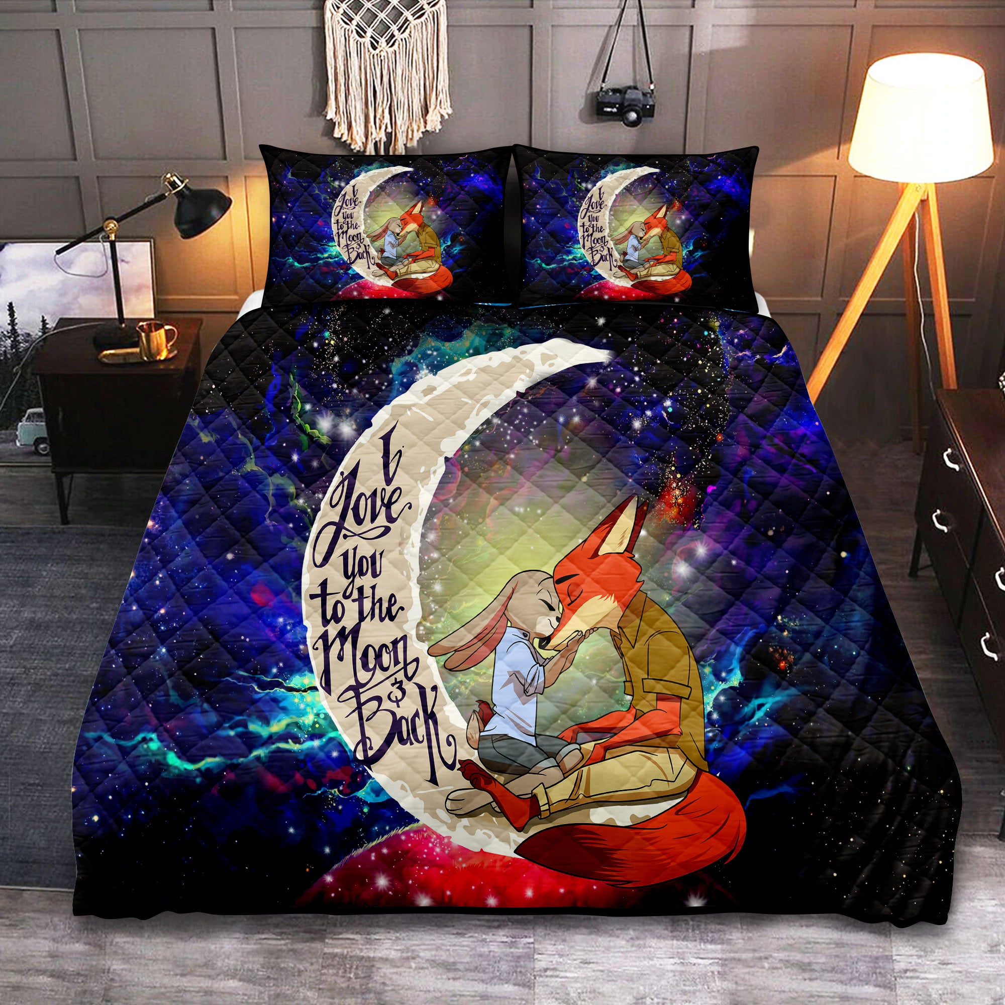 Love You To The Moon Fox Couple Galaxy Quilt Bed Set