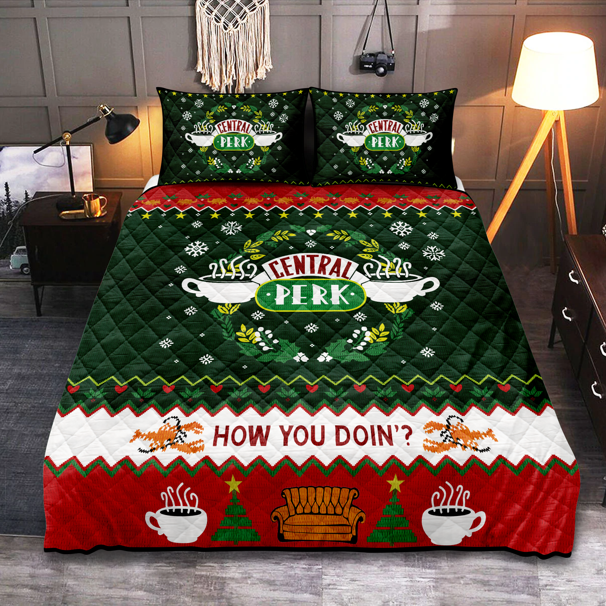 Christmas Friends Quilt Bed Set for Cozy Holiday Decorating