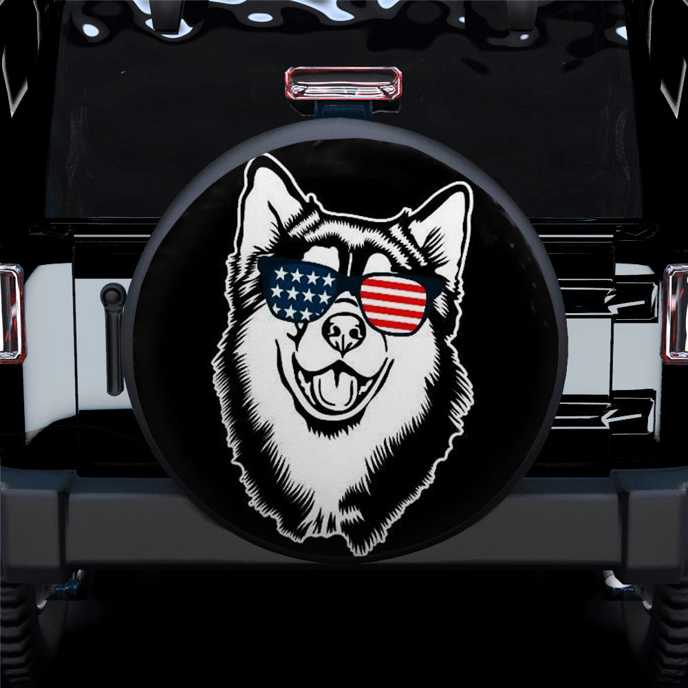 Funny Alaskan Dog with Sunglasses US Flag Jeep Tire Cover for Campers