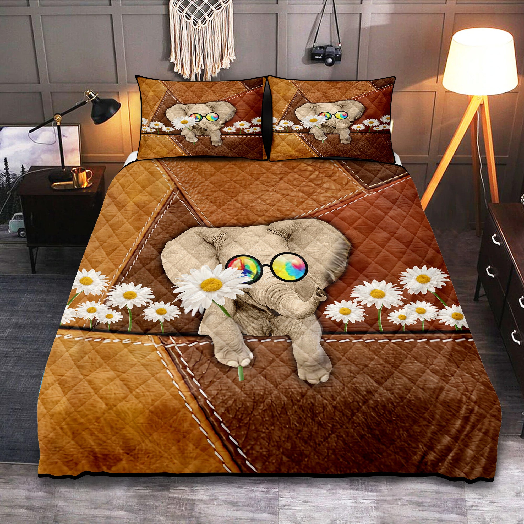 Cute Funny Hippie Baby Elephant Quilt Bed Set for Nursery Decor