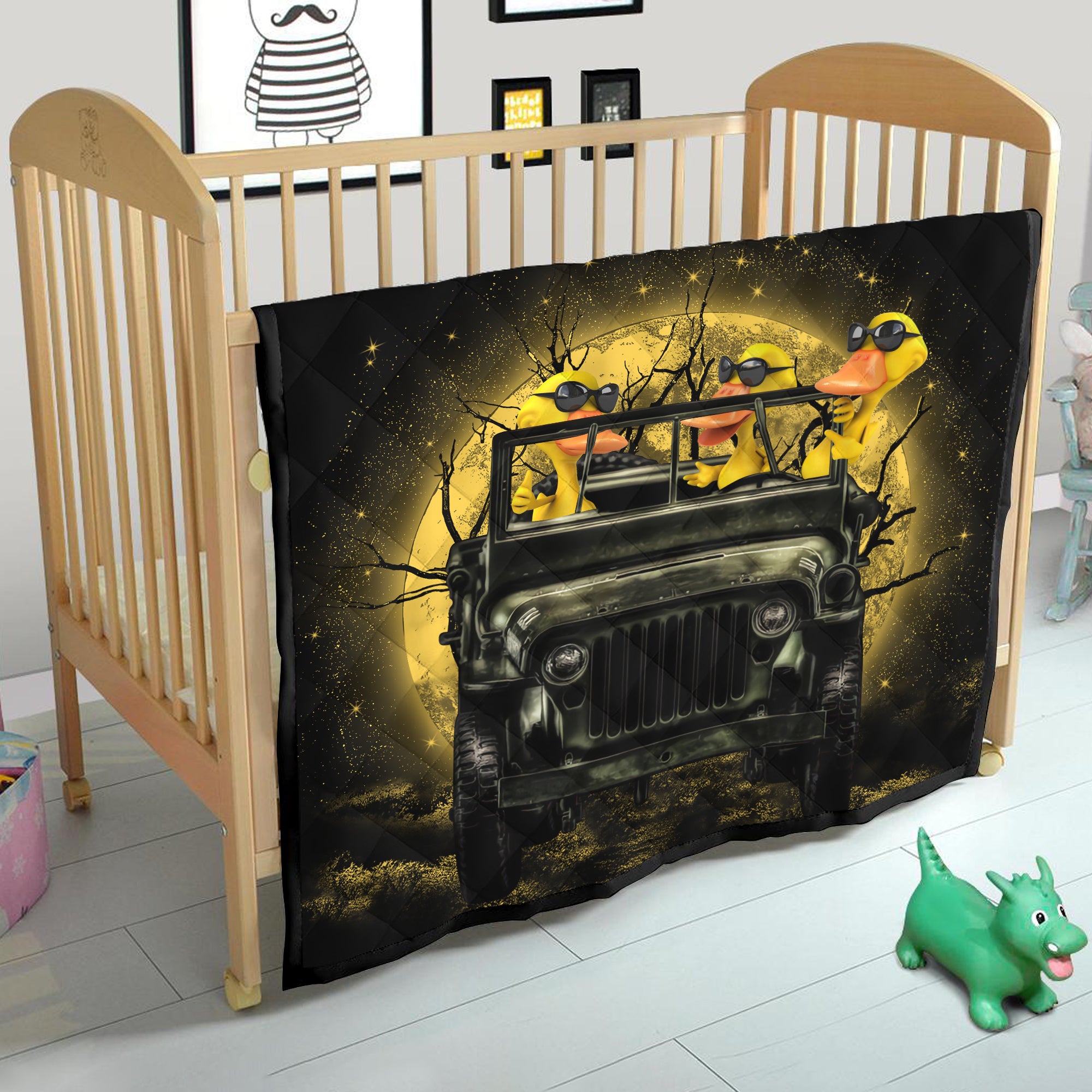 Funny Halloween Quilt Blanket with Jeep Driving Ducks in Moonlight