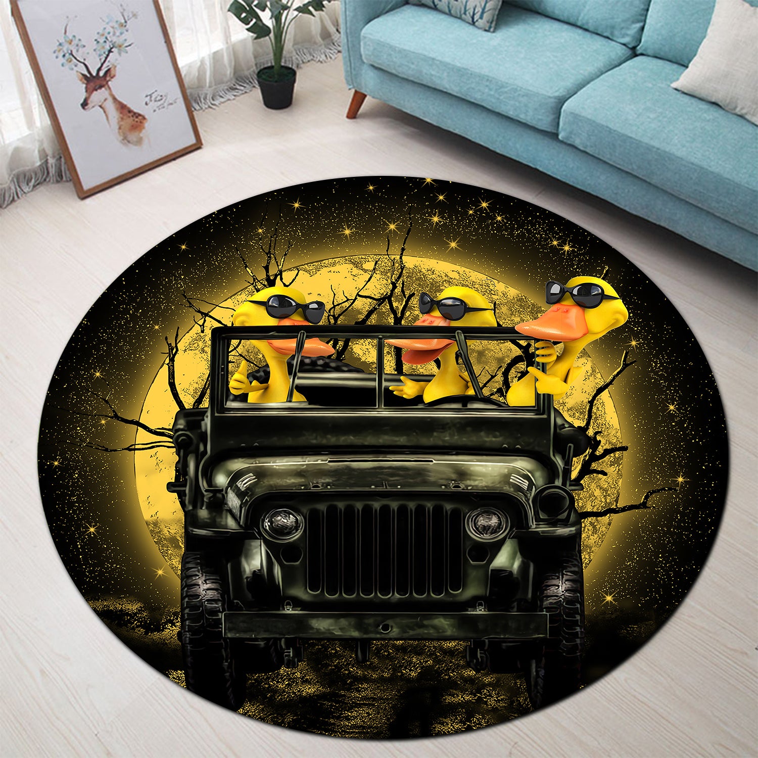 Funny Ducks Jeep Rug Halloween Round Carpet for Bedroom Living Room