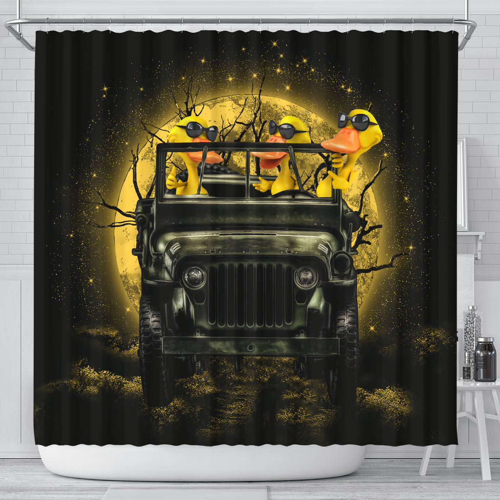 Funny Halloween Shower Curtain with Ducks Driving Jeep in Moonlight