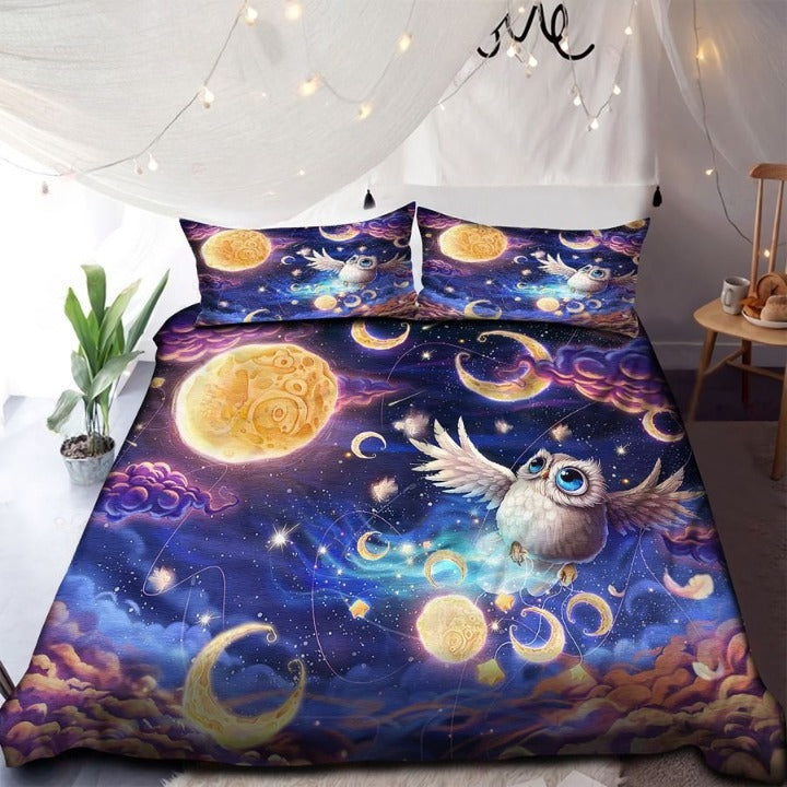 Galaxy Owl and Moon Duvet Cover Set with 2 Pillowcases
