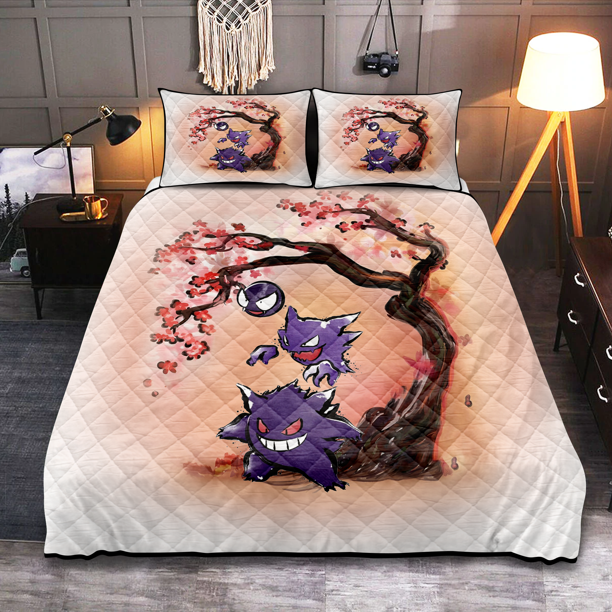 Gengar Pokemon Ghost Cherry Blossom Bed Set Quilt Gengar