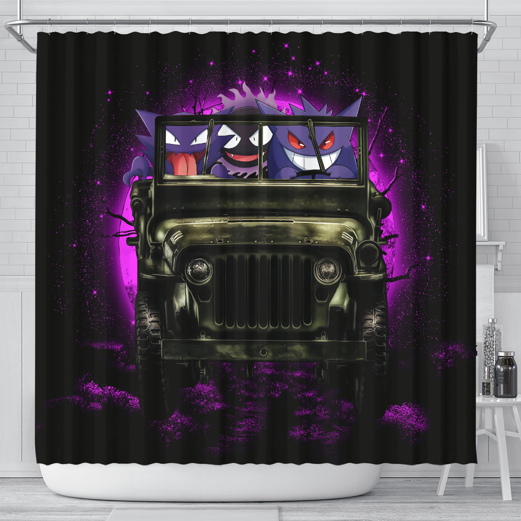 Funny Gengar Pokemon Ghost Halloween Shower Curtain Moonlight Design