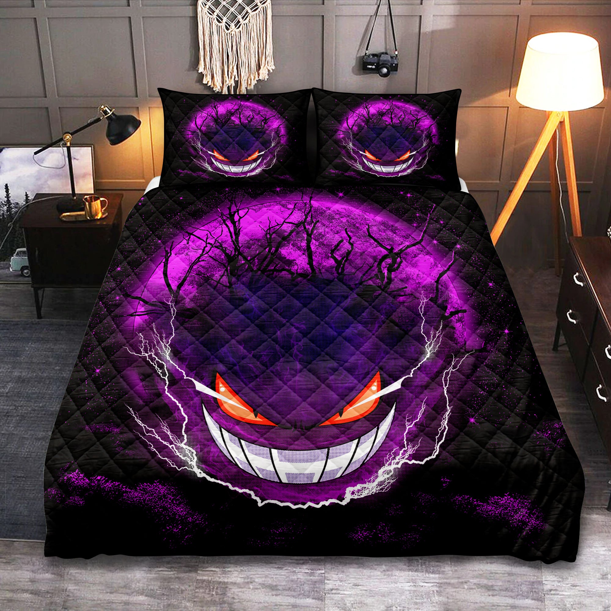 Gengar Scary Ghost Quilt Bed Set with Moonlight Design