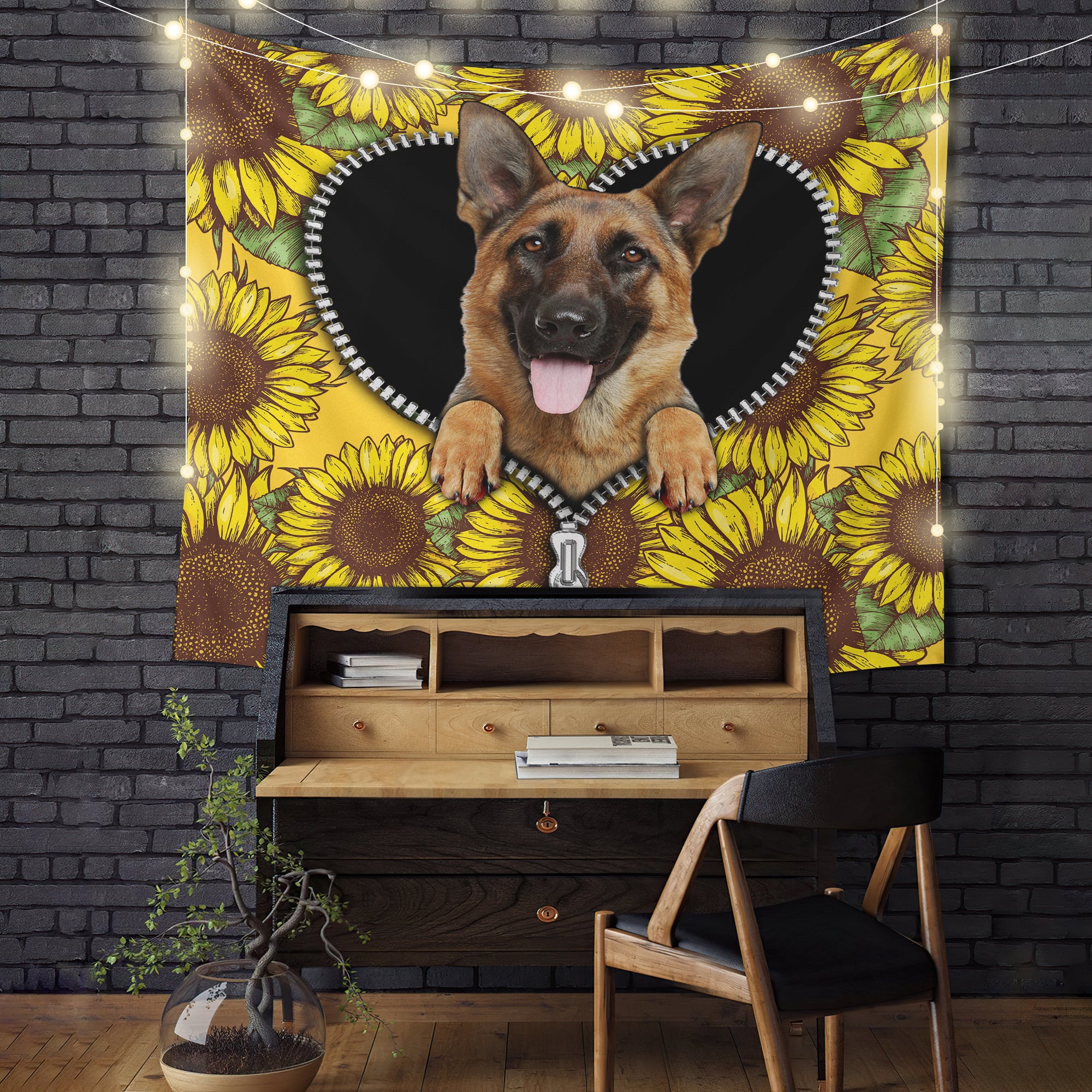 German Shepherd Tapestry Room Decor with Sunflower Design