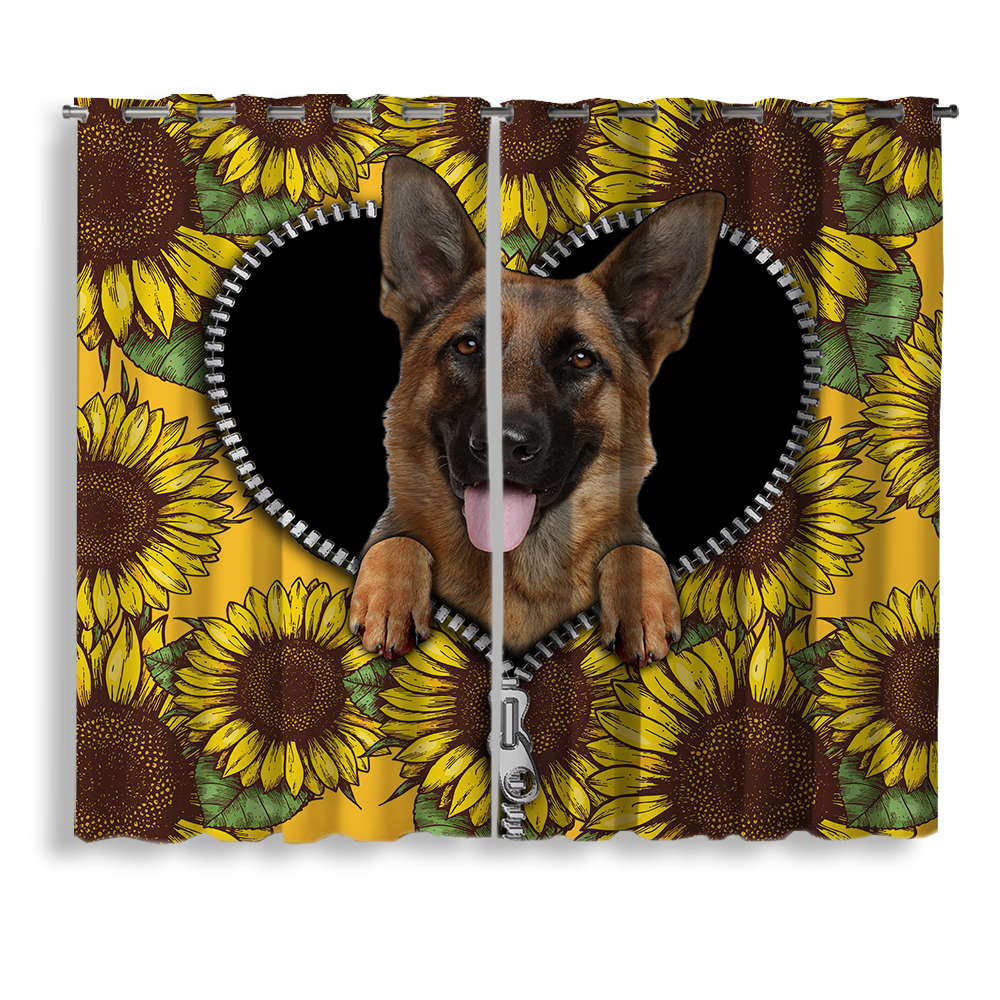German Shepherd Floral Window Curtain with Sunflower Zipper Design