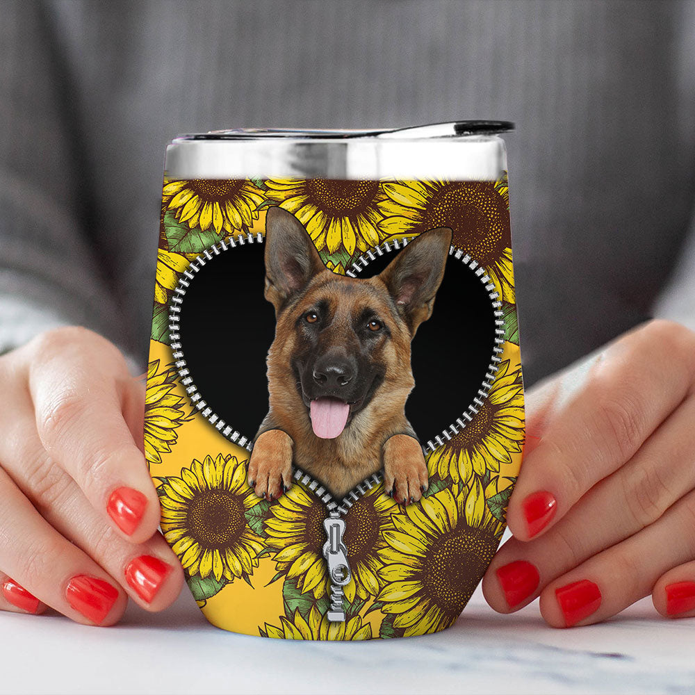 German Shepherd Wine Tumbler with Sunflower Design, Zipper Style