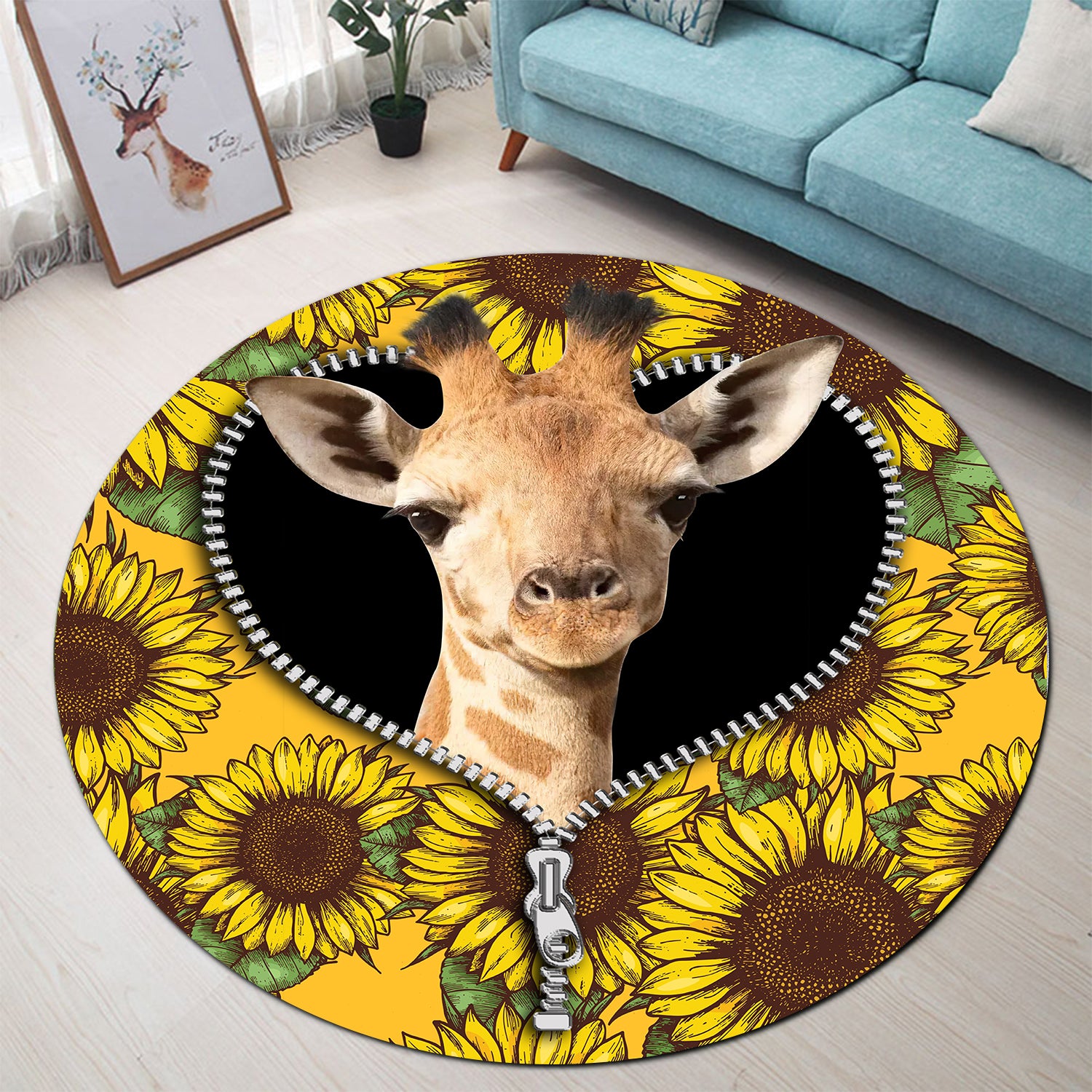 Giraffe Sunflower Round Carpet Rug for Bedroom and Living Room Decor