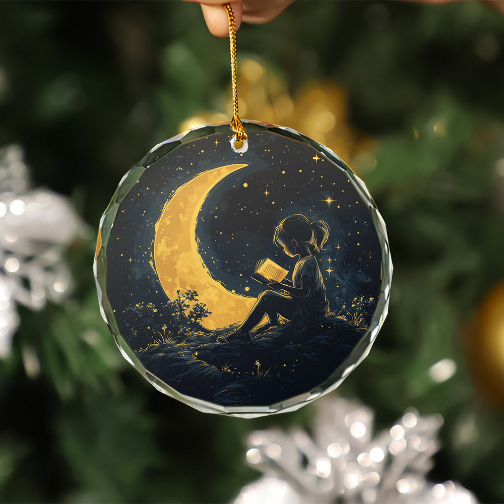 Crescent Stained Glass Ornament - Girl Reading, Perfect Christmas Gift