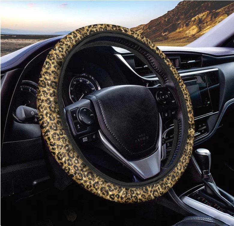 Gold Glitter Leopard Print Steering Wheel Cover for Cars