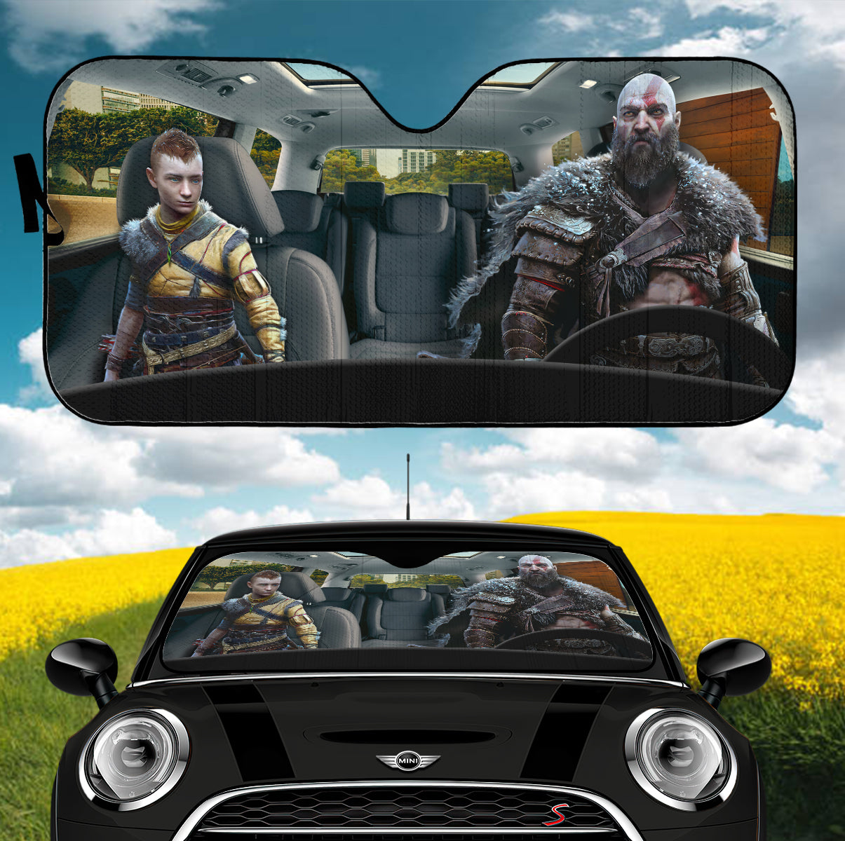 Kratos And Atreus Car Sunshades - God Of War Auto Shades