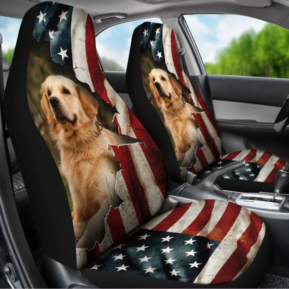 Golden Retriever Car Seat Covers Featuring American Flag Design
