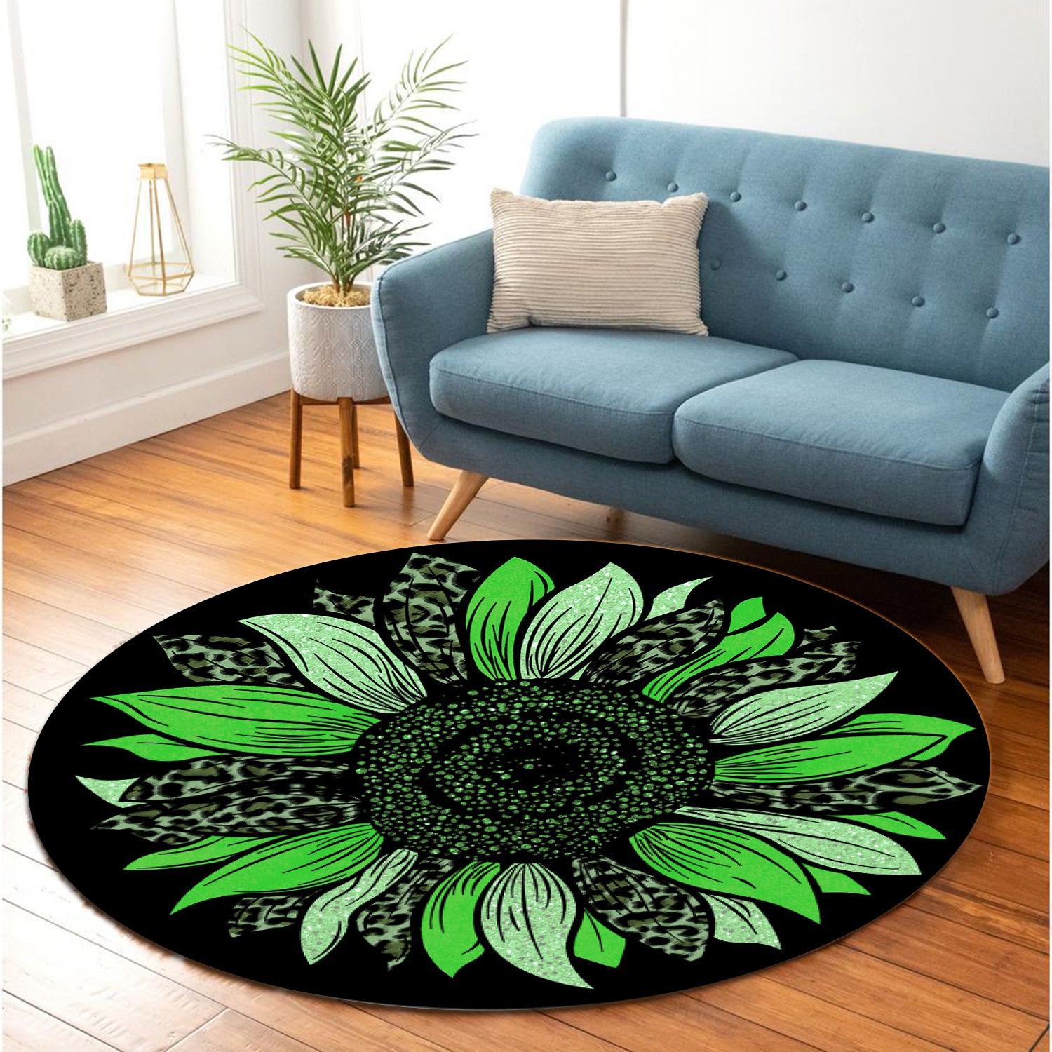 Green Cheetah Sunflower Round Rug for Bedroom Living Room Decor