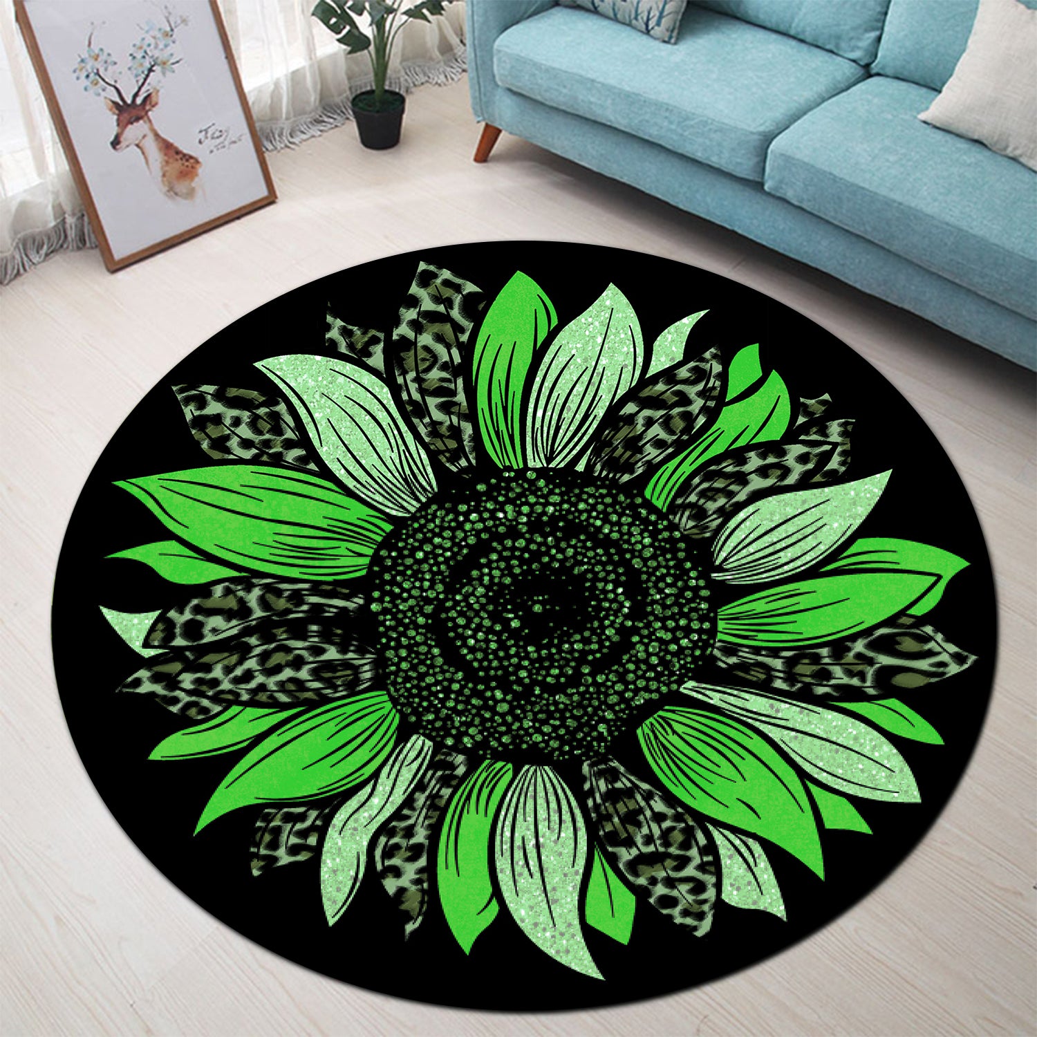 Green Cheetah Sunflower Round Rug for Bedroom Living Room Decor