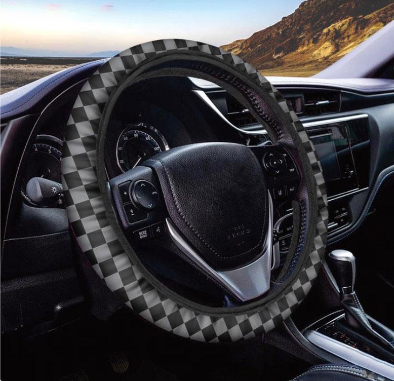 Black and Grey Checkered Car Steering Wheel Cover for Vehicle Interior