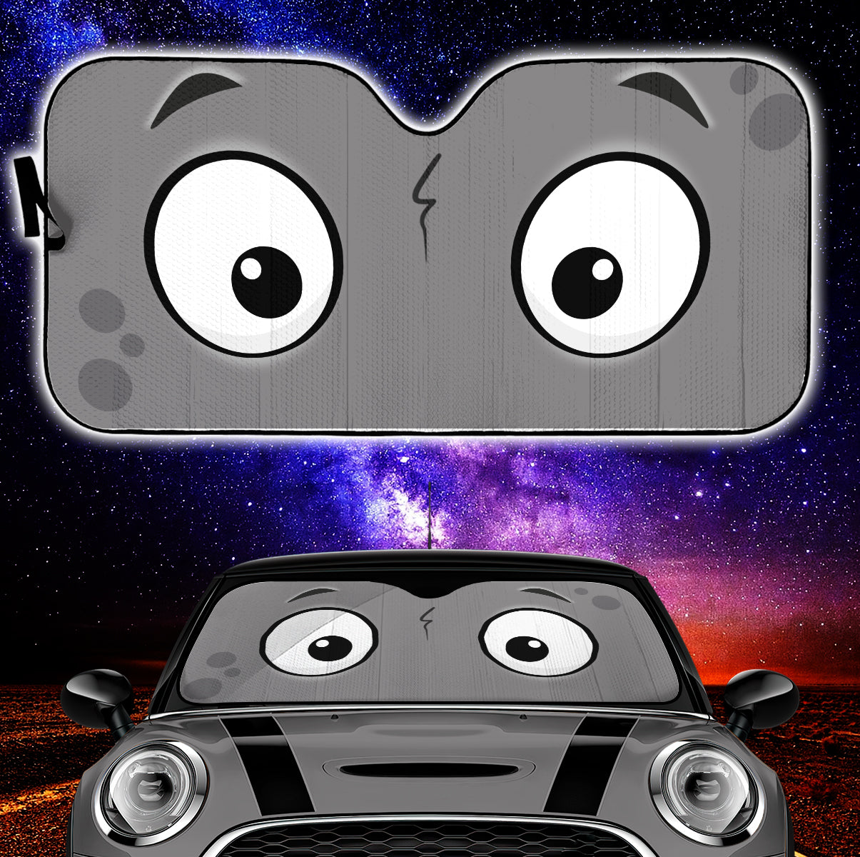 Grey Cartoon Eyes Car Sunshades - Slightly Surprised Auto Shades