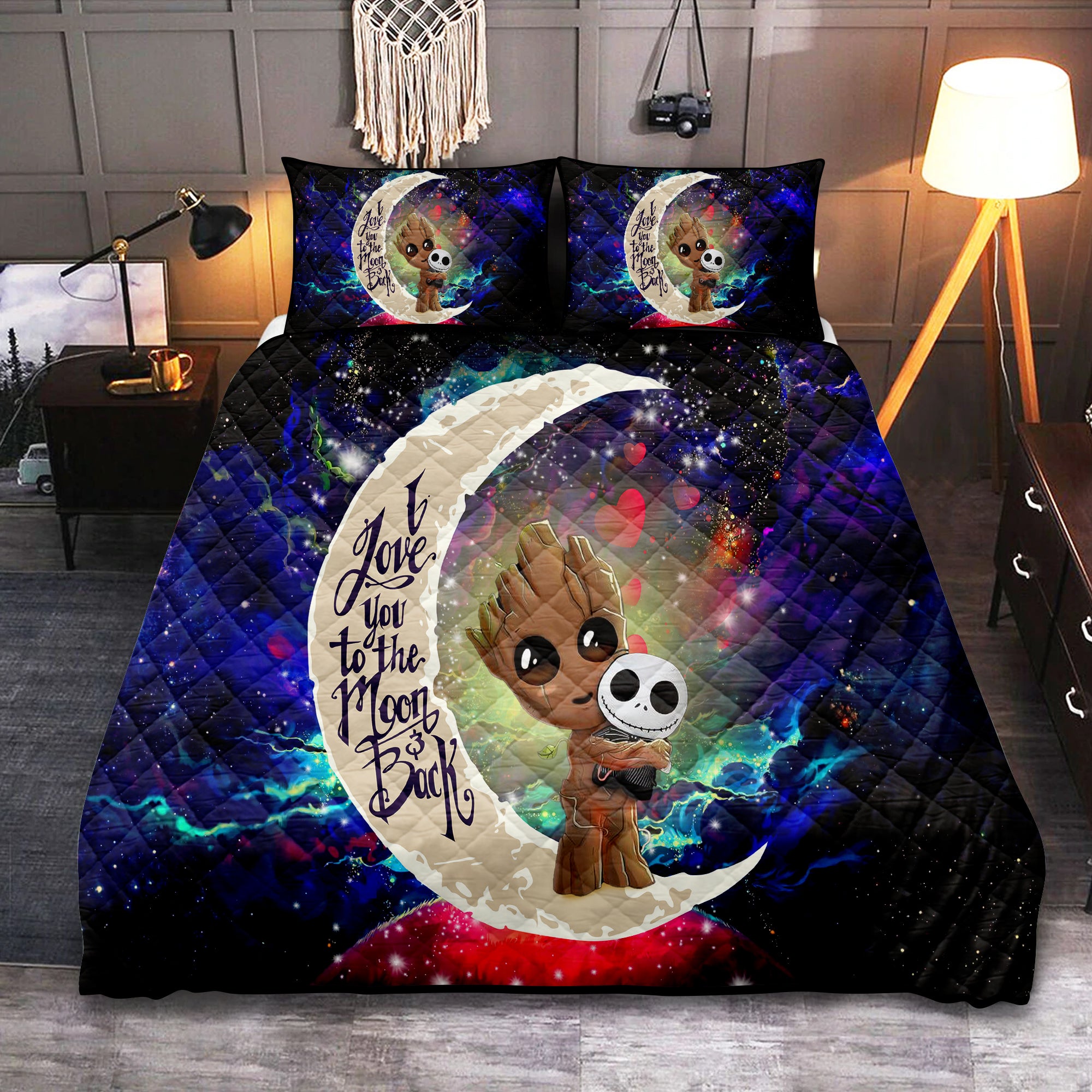 Groot Jack Skellington Galaxy Quilt Bed Set Love You To The Moon