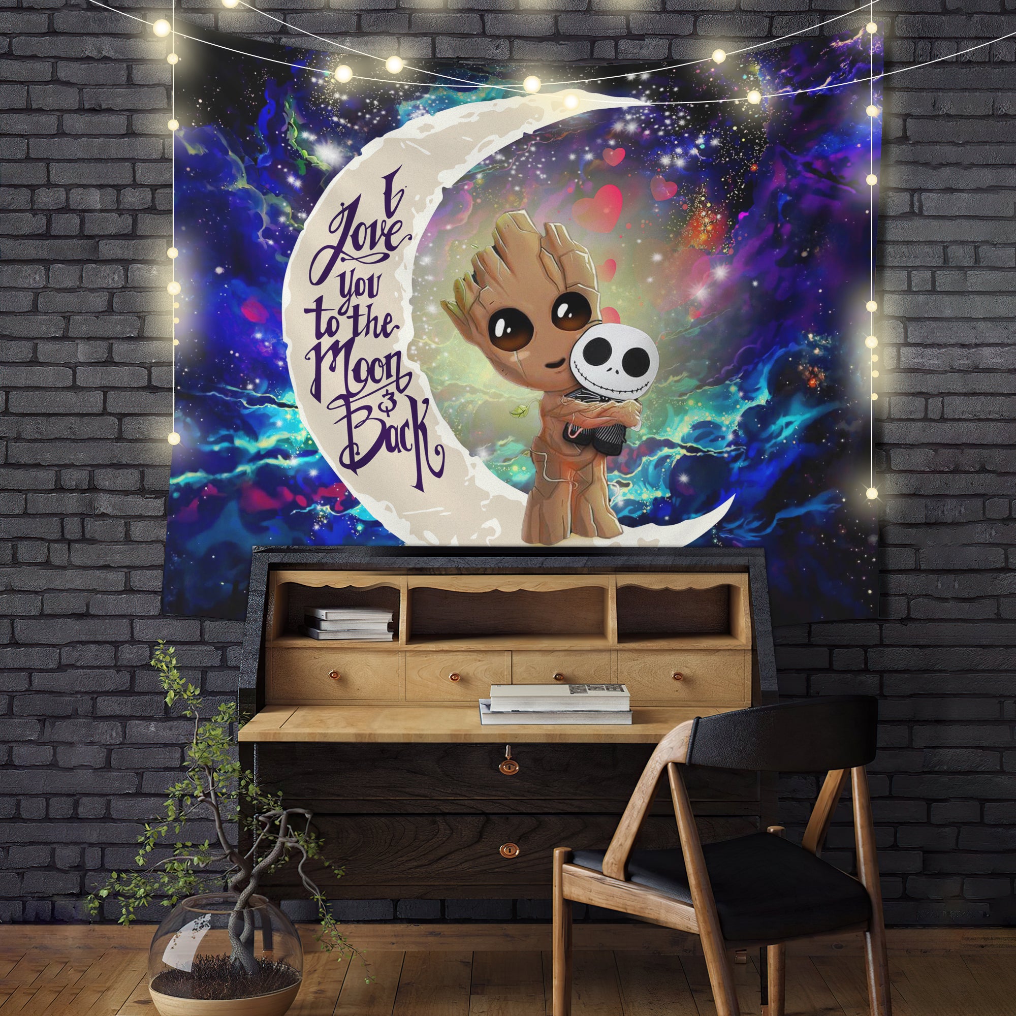 Jack Skellington Groot Love You To The Moon Galaxy Tapestry Decor
