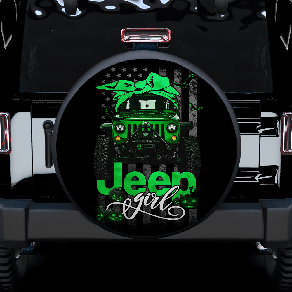 Halloween American Flag Dark Green Jeep Spare Tire Cover for Campers